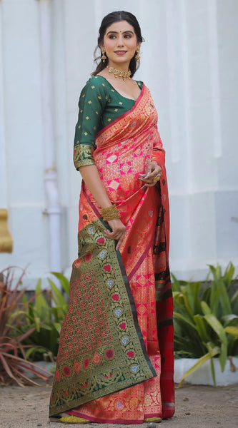 Royal Radiance: Designer Kanjivaram Silk Saree in Gajari Pink & Bottle Green