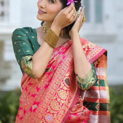 Royal Radiance: Designer Kanjivaram Silk Saree in Gajari Pink & Bottle Green