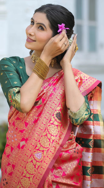 Royal Radiance: Designer Kanjivaram Silk Saree in Gajari Pink & Bottle Green