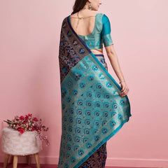 Midnight Majesty: Designer Kanjivaram Silk Saree in Navy Blue & Teal Green