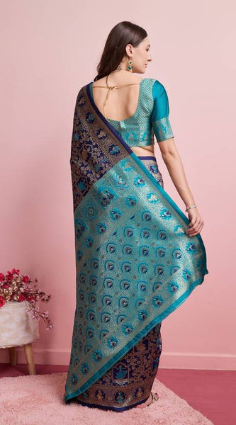 Midnight Majesty: Designer Kanjivaram Silk Saree in Navy Blue & Teal Green