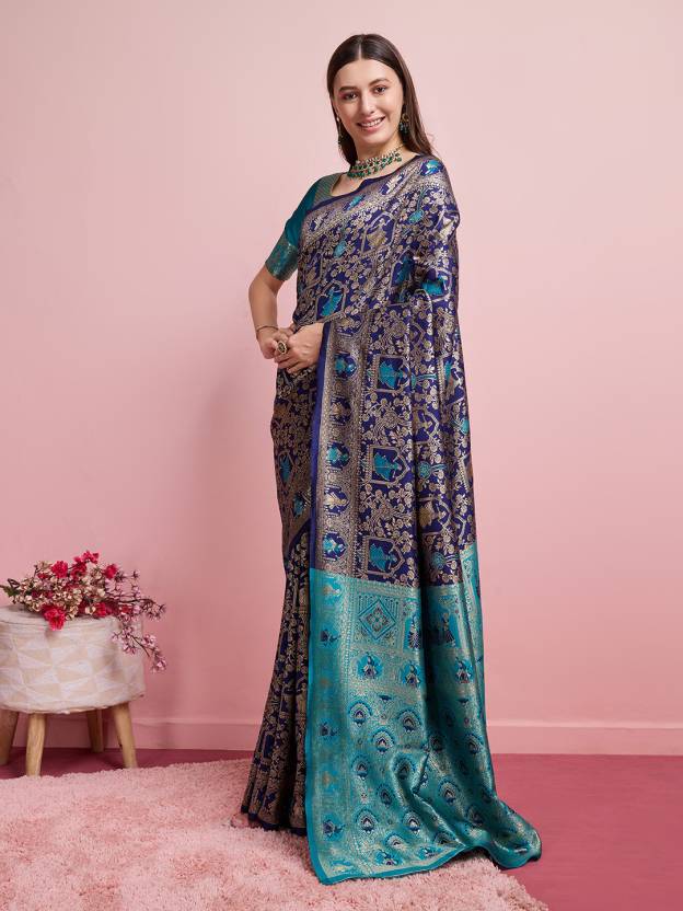 Midnight Majesty: Designer Kanjivaram Silk Saree in Navy Blue & Teal Green