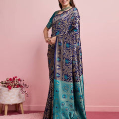 Midnight Majesty: Designer Kanjivaram Silk Saree in Navy Blue & Teal Green