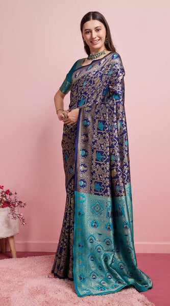 Midnight Majesty: Designer Kanjivaram Silk Saree in Navy Blue & Teal Green