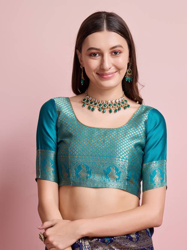 Midnight Majesty: Designer Kanjivaram Silk Saree in Navy Blue & Teal Green