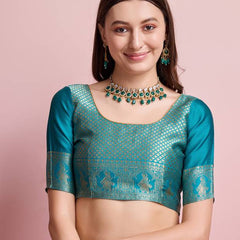 Midnight Majesty: Designer Kanjivaram Silk Saree in Navy Blue & Teal Green