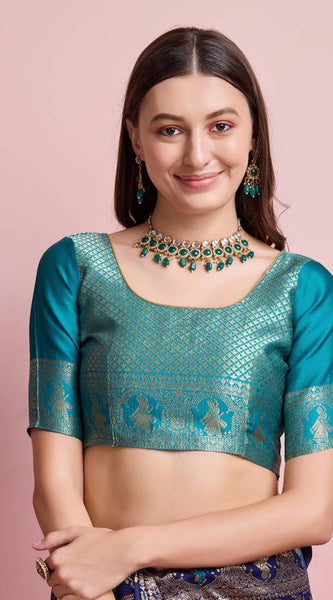 Midnight Majesty: Designer Kanjivaram Silk Saree in Navy Blue & Teal Green