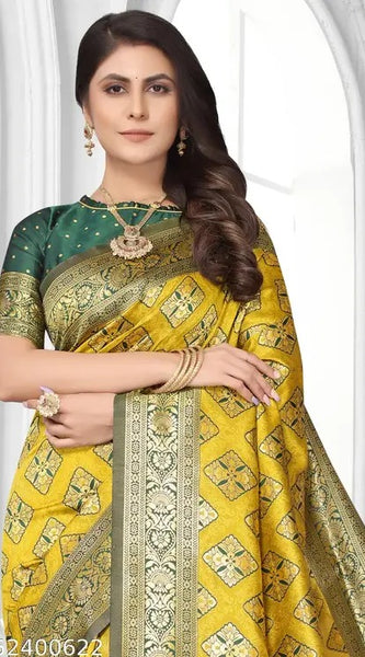 Sunlit Splendor: Designer Kanjivaram Silk Saree in Mustard Yellow & Bottle Green