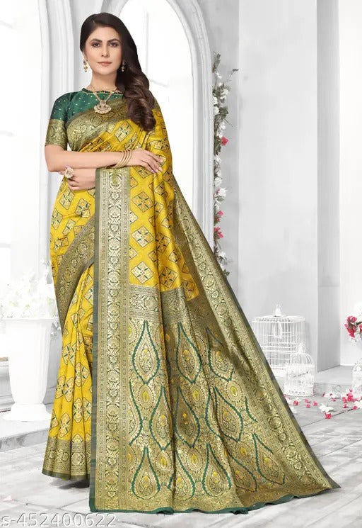 Sunlit Splendor: Designer Kanjivaram Silk Saree in Mustard Yellow & Bottle Green