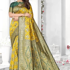 Sunlit Splendor: Designer Kanjivaram Silk Saree in Mustard Yellow & Bottle Green