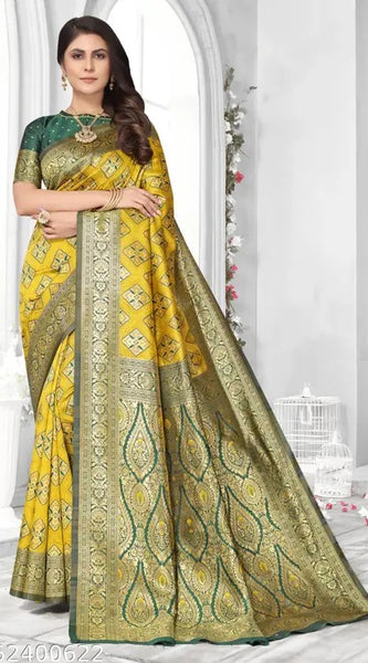 Sunlit Splendor: Designer Kanjivaram Silk Saree in Mustard Yellow & Bottle Green