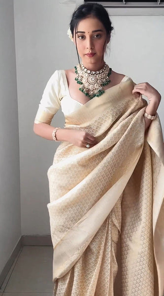 Excellent 1-Minute Ready To Wear Beige Kanjivaram Silk Saree