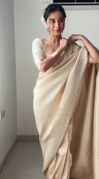 Excellent 1-Minute Ready To Wear Beige Kanjivaram Silk Saree