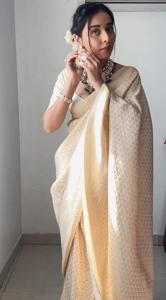 Excellent 1-Minute Ready To Wear Beige Kanjivaram Silk Saree