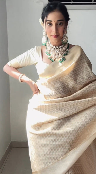 Excellent 1-Minute Ready To Wear Beige Kanjivaram Silk Saree