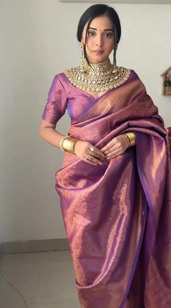 Mellifluous 1-Minute Ready To Wear Purple Kanjivaram Silk Saree