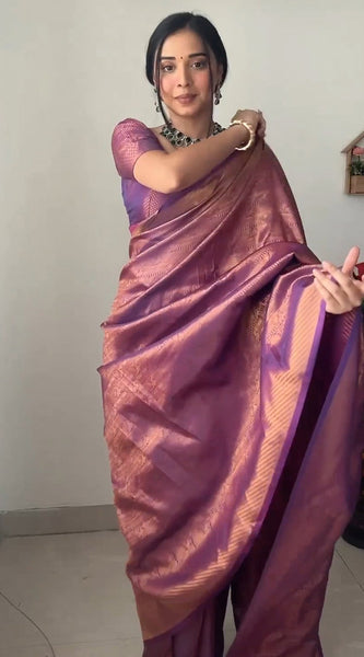 Mellifluous 1-Minute Ready To Wear Purple Kanjivaram Silk Saree