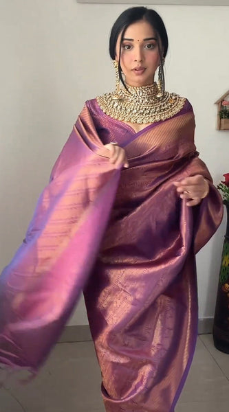 Mellifluous 1-Minute Ready To Wear Purple Kanjivaram Silk Saree