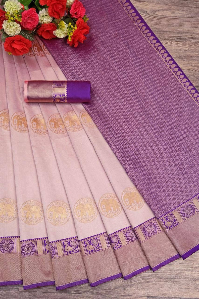 Amazing Off White Kanjivaram Soft Silk Saree With Phenomenal Blouse Piece