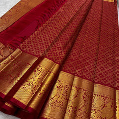 Sumptuous Red Soft Banarasi Silk Saree With Imaginative Blouse Piece