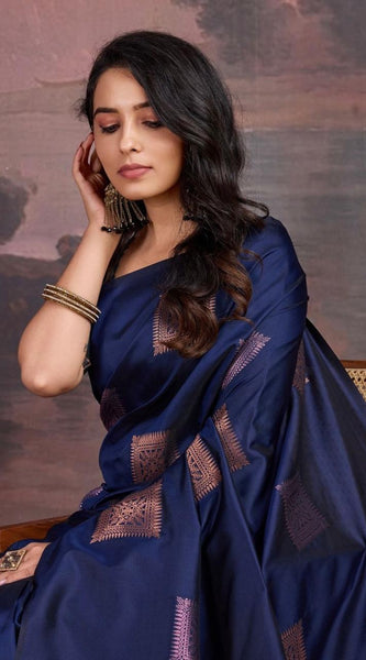 Precious Navy Blue Soft Silk Saree With Innovative Blouse Piece