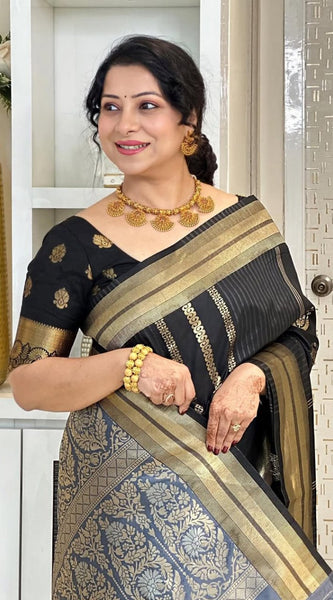 Opulent Black Soft Silk Saree With Flameboyant Blouse Piece