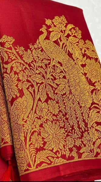 Gossamer Red Soft Banarasi Silk Saree With Chatoyant Blouse Piece