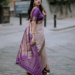 Amazing Off White Kanjivaram Soft Silk Saree With Phenomenal Blouse Piece
