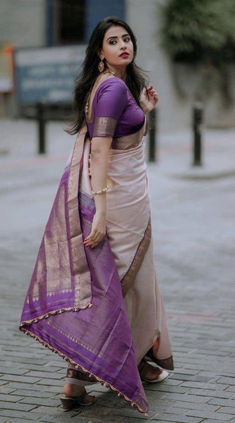 Amazing Off White Kanjivaram Soft Silk Saree With Phenomenal Blouse Piece