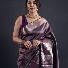 Evanescent Kanjivaram Purple Soft Silk Saree With Brood Blouse Piece