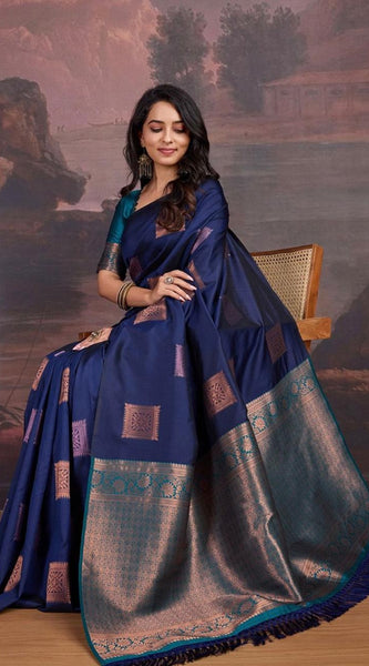 Precious Navy Blue Soft Silk Saree With Innovative Blouse Piece