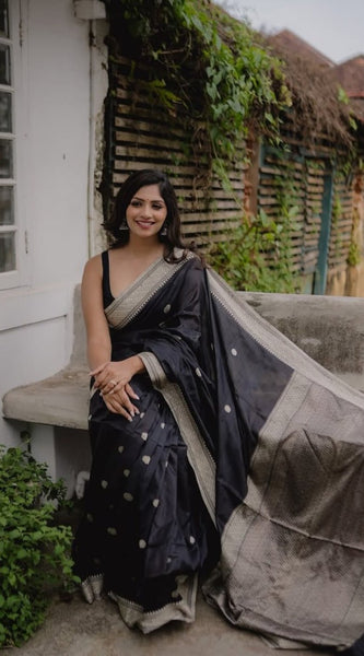 Assemblage Black Soft Silk Saree With Ebullience Blouse Piece