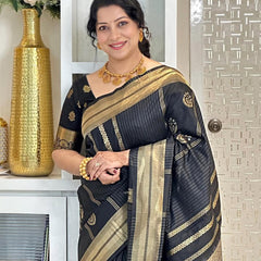 Opulent Black Soft Silk Saree With Flameboyant Blouse Piece