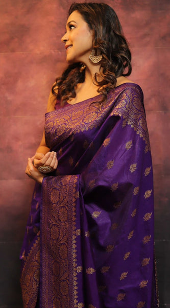 Fantabulous Purple Banarasi soft Silk Saree With Pleasurable Blouse Piece