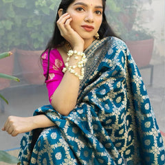 Prodigal Teal Blue Soft Banarasi Silk Saree With Inimitable Blouse Piece