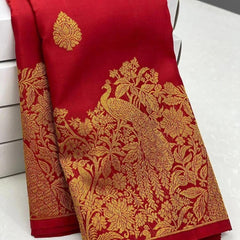 Gossamer Red Soft Banarasi Silk Saree With Chatoyant Blouse Piece