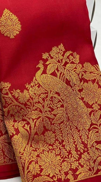 Gossamer Red Soft Banarasi Silk Saree With Chatoyant Blouse Piece
