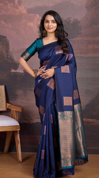 Precious Navy Blue Soft Silk Saree With Innovative Blouse Piece