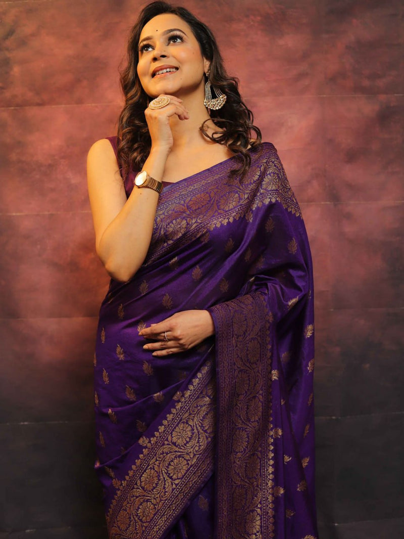Fantabulous Purple Banarasi soft Silk Saree With Pleasurable Blouse Piece