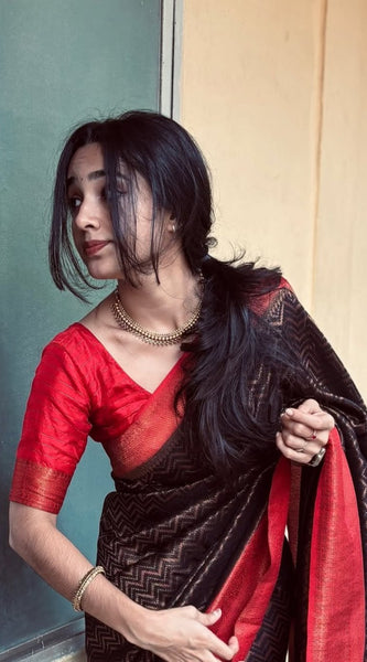 Gossamer Black Soft Silk Saree With Demure Blouse Piece