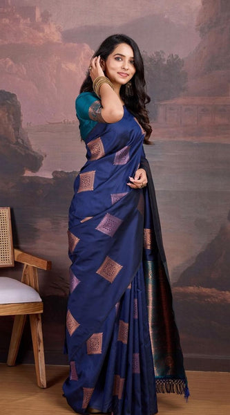 Precious Navy Blue Soft Silk Saree With Innovative Blouse Piece