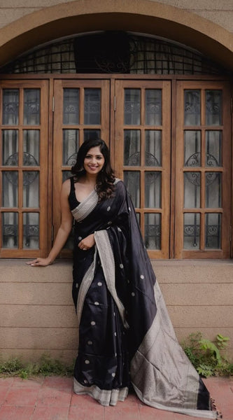 Assemblage Black Soft Silk Saree With Ebullience Blouse Piece