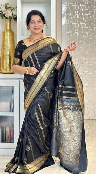 Opulent Black Soft Silk Saree With Flameboyant Blouse Piece