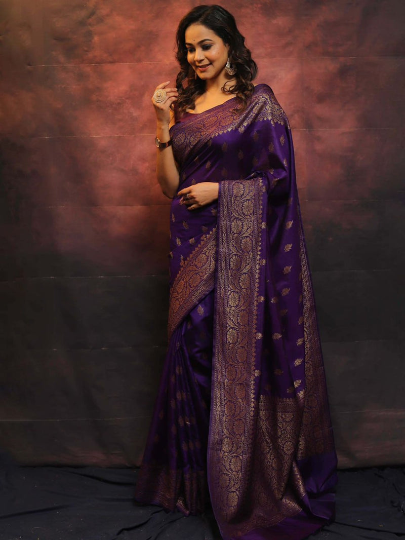 Fantabulous Purple Banarasi soft Silk Saree With Pleasurable Blouse Piece