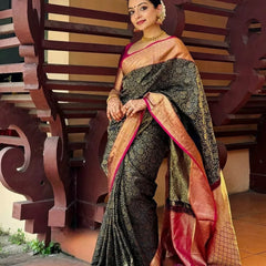 Inspiring Black Soft Silk Saree With Divine Blouse Piece