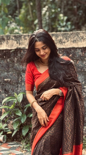 Gossamer Black Soft Silk Saree With Demure Blouse Piece