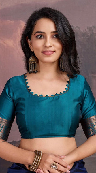Precious Navy Blue Soft Silk Saree With Innovative Blouse Piece
