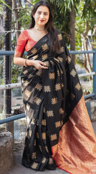 Dissemble Black Soft Silk Saree With Staggering Blouse Piece