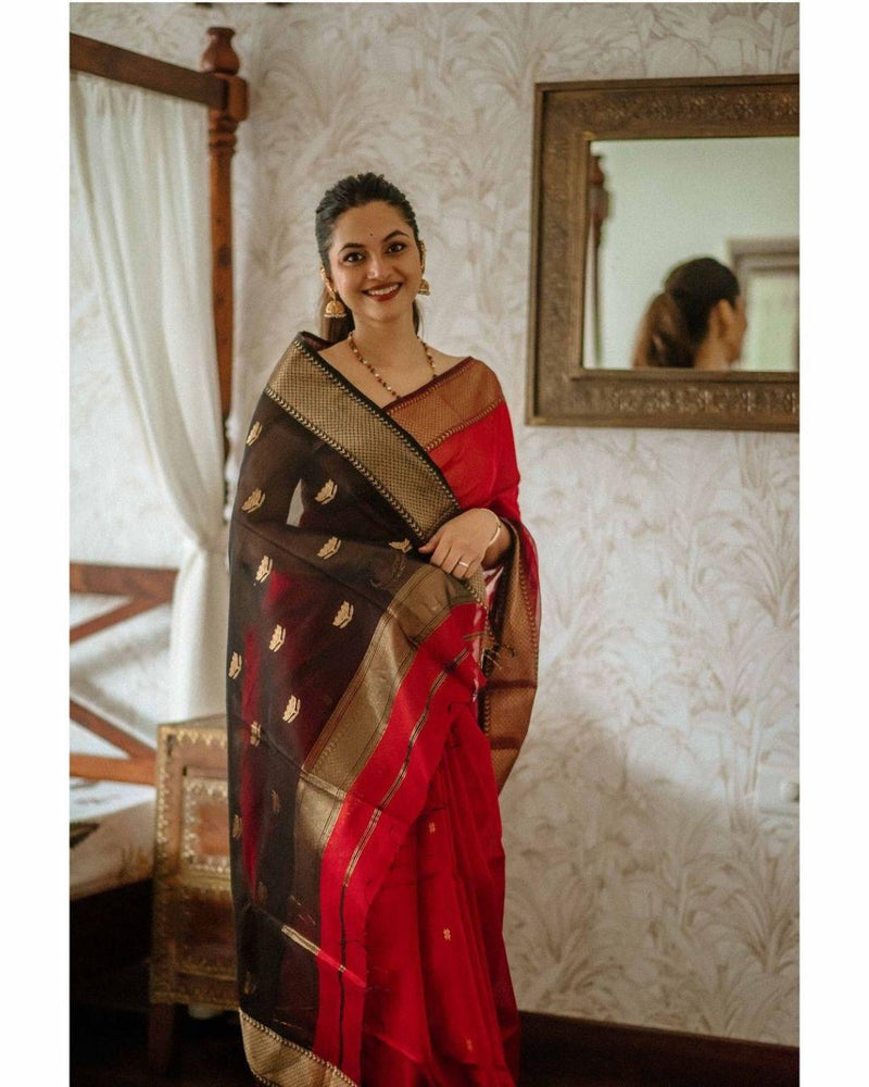 Blooming Red Cotton Silk Saree With Wonderful Blouse Piece