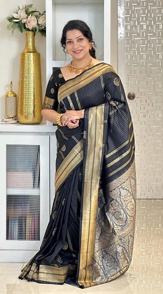 Opulent Black Soft Silk Saree With Flameboyant Blouse Piece